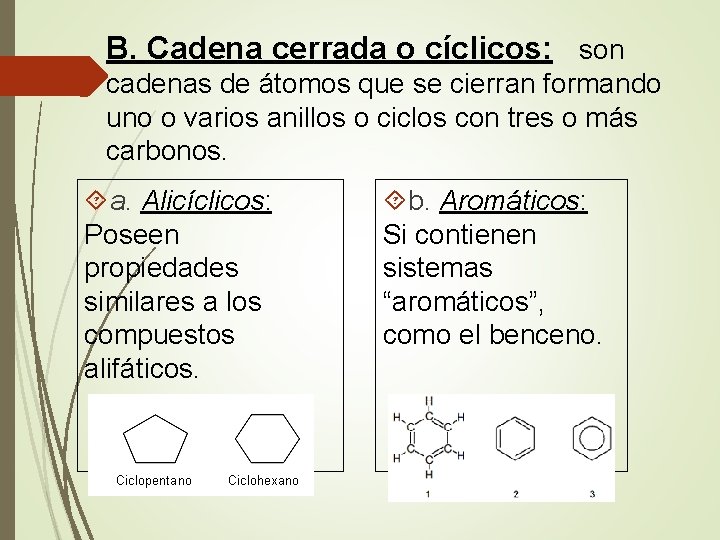 B. Cadena cerrada o cíclicos: son cadenas de átomos que se cierran formando uno