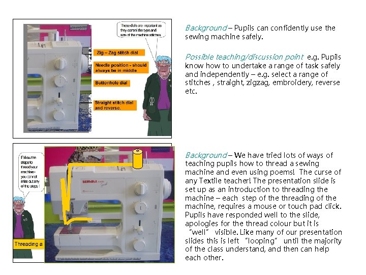 Background – Pupils can confidently use the sewing machine safely. Possible teaching/discussion point e.