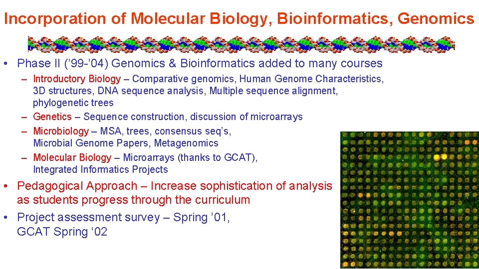 Incorporation of Molecular Biology, Bioinformatics, Genomics • Phase II (’ 99 -’ 04) Genomics