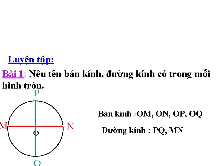 Luyện tập: Bài 1: Nêu tên bán kính, đường kính có trong mỗi hình