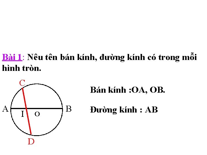 Bài 1: Nêu tên bán kính, đường kính có trong mỗi hình tròn. C