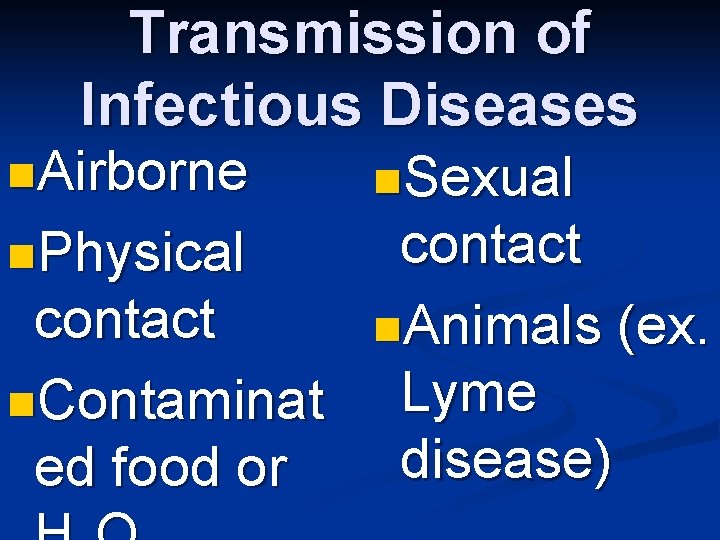Transmission of Infectious Diseases n. Airborne n. Sexual contact n. Animals (ex. Lyme n.