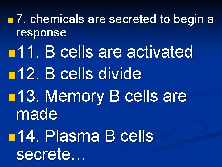 n 7. chemicals are secreted to begin a response n 11. B cells are
