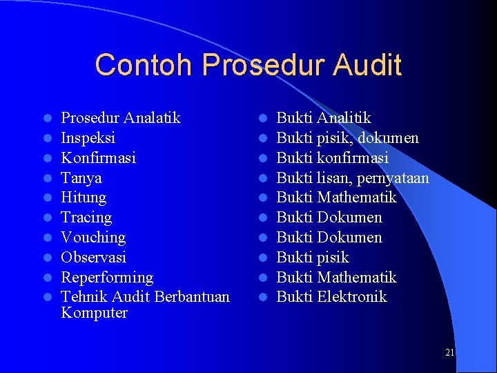 Contoh Prosedur Audit l l l l l Prosedur Analatik Inspeksi Konfirmasi Tanya Hitung