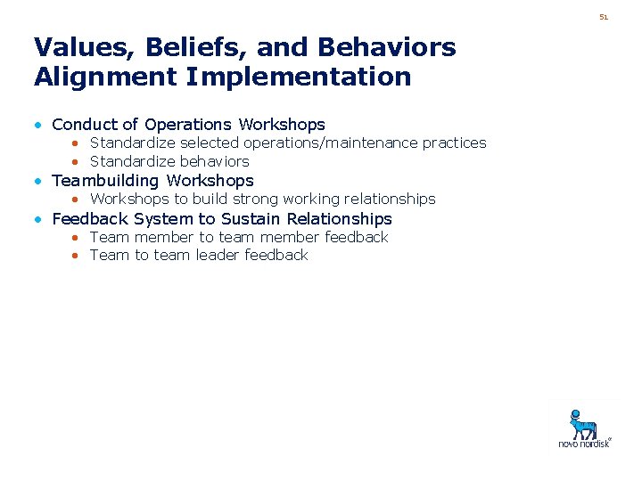51 Values, Beliefs, and Behaviors Alignment Implementation • Conduct of Operations Workshops • Standardize