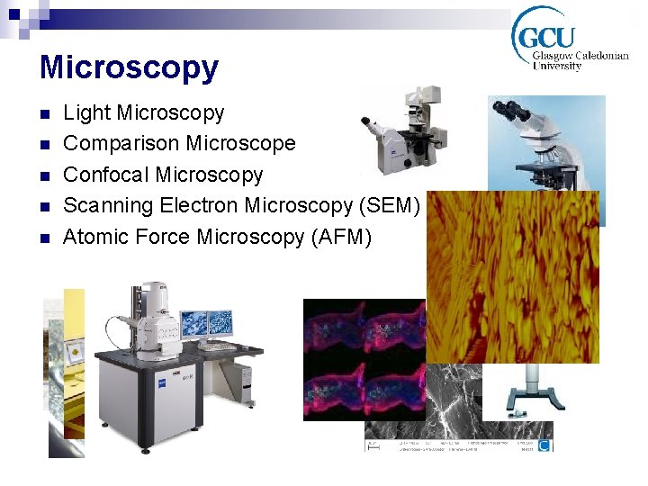 Microscopy n n n Light Microscopy Comparison Microscope Confocal Microscopy Scanning Electron Microscopy (SEM)