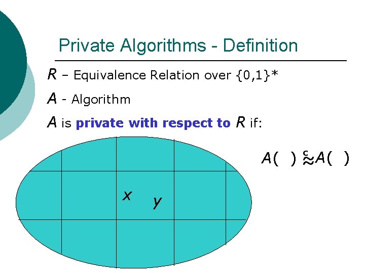 Private Algorithms - Definition R – Equivalence Relation over {0, 1}* A - Algorithm