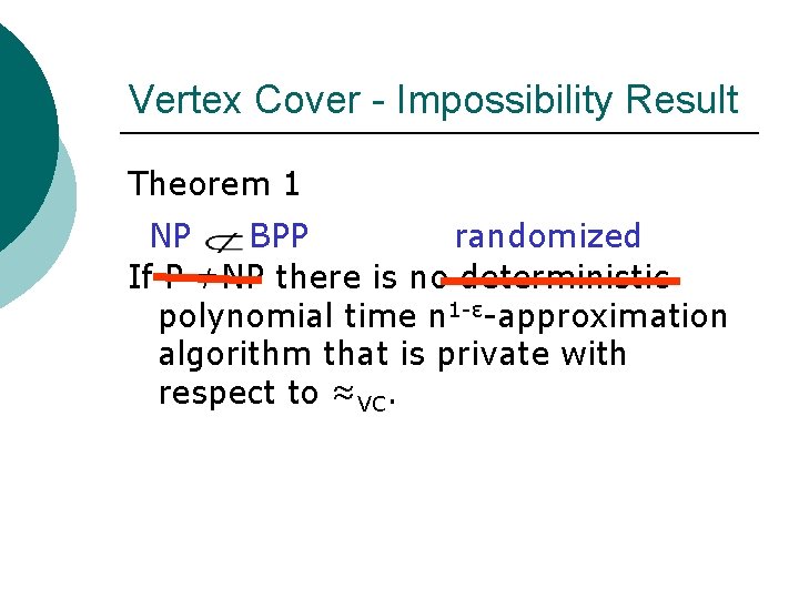 Vertex Cover - Impossibility Result Theorem 1 NP BPP randomized If P ≠NP there