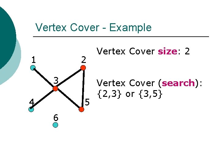 Vertex Cover - Example 1 2 3 4 5 6 Vertex Cover size: 2
