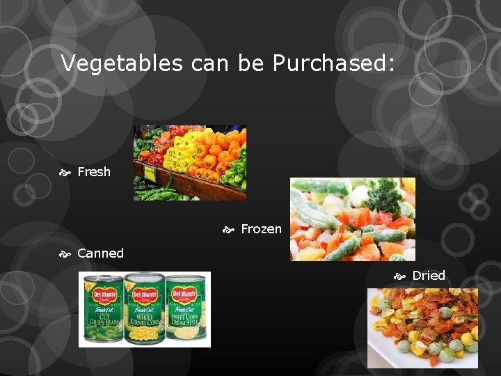 Vegetables can be Purchased: Fresh Frozen Canned Dried 