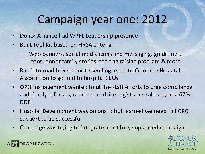 Campaign year one: 2012 • Donor Alliance had WPFL Leadership presence • Built Tool