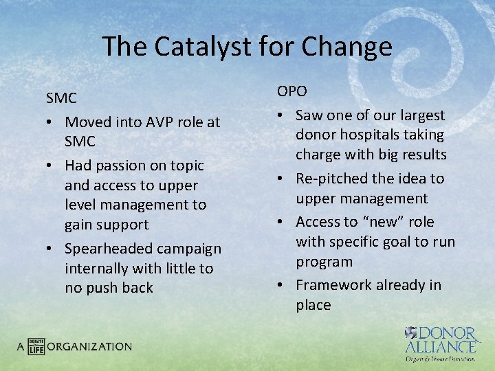 The Catalyst for Change SMC • Moved into AVP role at SMC • Had