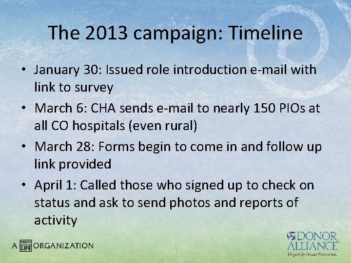 The 2013 campaign: Timeline • January 30: Issued role introduction e-mail with link to