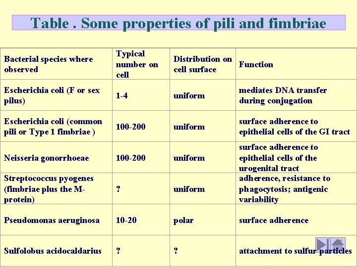 Table. Some properties of pili and fimbriae Bacterial species where observed Typical number on