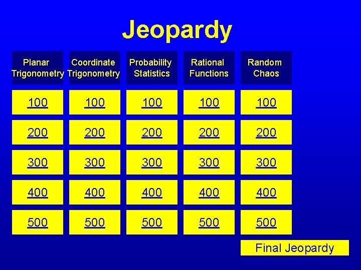 Jeopardy Planar Coordinate Trigonometry Probability Statistics Rational Functions Random Chaos 100 100 100 200