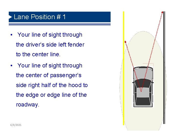 Lane Position # 1 • Your line of sight through the driver’s side left