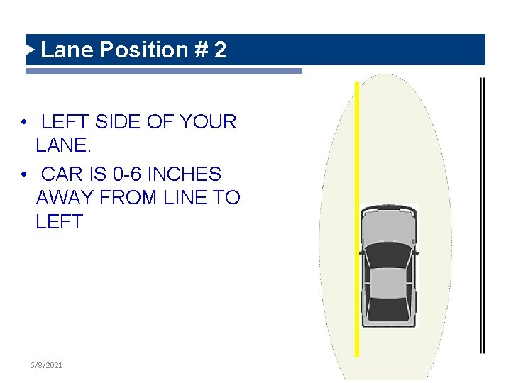 Lane Position # 2 • LEFT SIDE OF YOUR LANE. • CAR IS 0