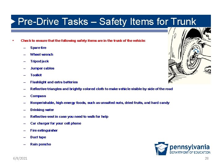 Pre-Drive Tasks – Safety Items for Trunk • Check to ensure that the following