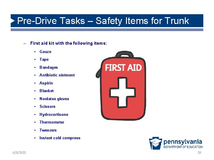 Pre-Drive Tasks – Safety Items for Trunk – First aid kit with the following