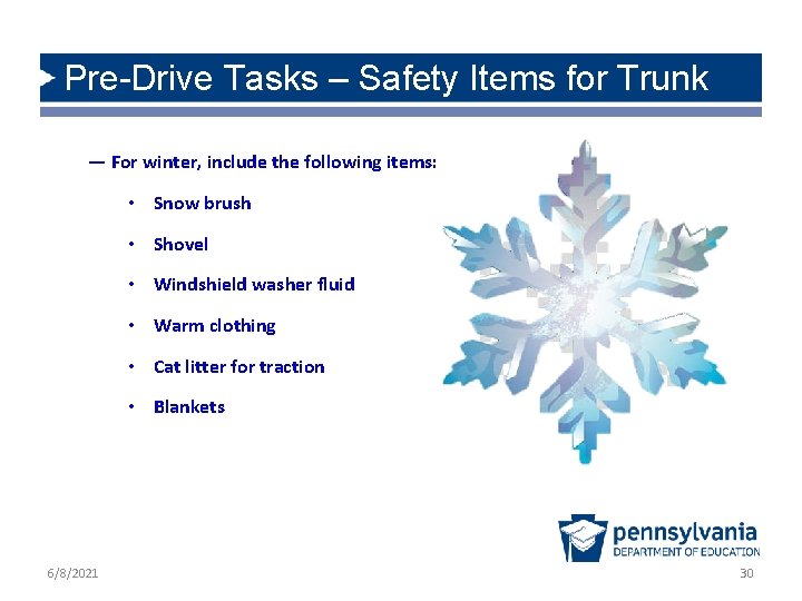 Pre-Drive Tasks – Safety Items for Trunk — For winter, include the following items: