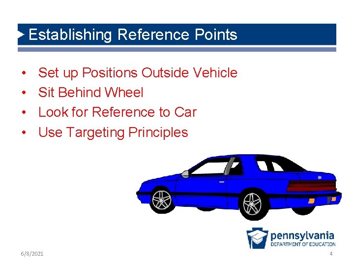 Establishing Reference Points • • Set up Positions Outside Vehicle Sit Behind Wheel Look