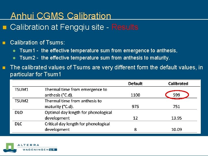 Anhui CGMS Calibration n Calibration at Fengqiu site - Results n Calibration of Tsums: