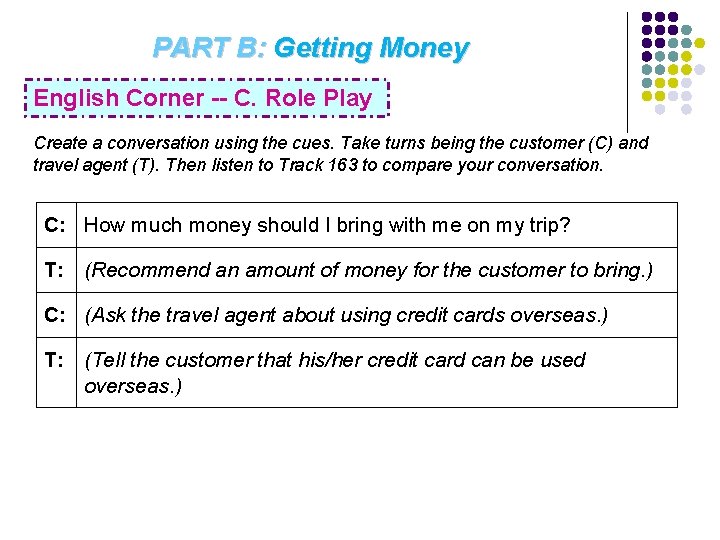 PART B: Getting Money English Corner -- C. Role Play Create a conversation using