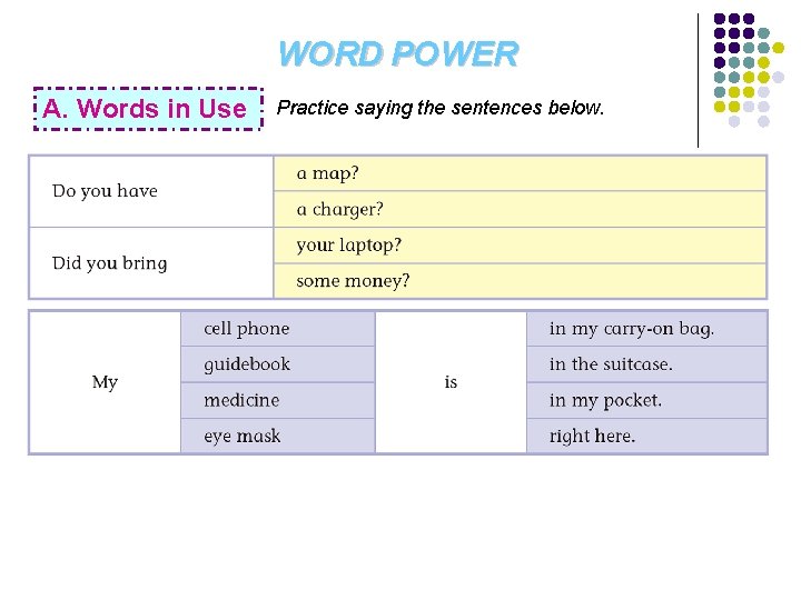 WORD POWER A. Words in Use Practice saying the sentences below. 