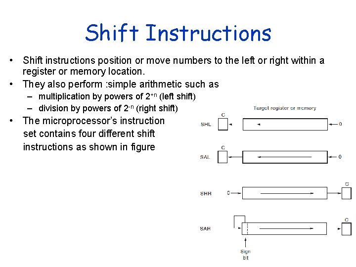 Shift Instructions • Shift instructions position or move numbers to the left or right