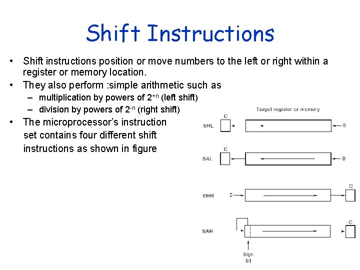 Shift Instructions • Shift instructions position or move numbers to the left or right Shift Instructions • Shift instructions position or move numbers to the left or right