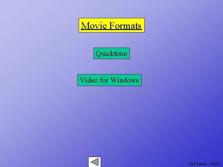 Movie Formats Quicktime Video for Windows Rick Parent - CIS 681 