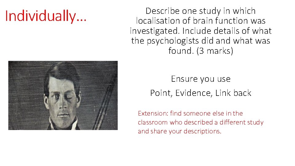Individually… Describe one study in which localisation of brain function was investigated. Include details