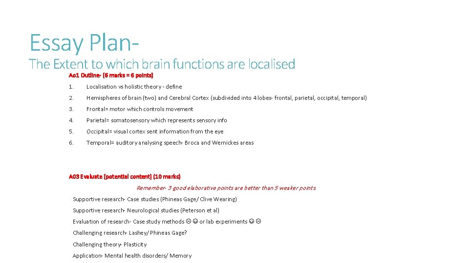 Essay Plan- The Extent to which brain functions are localised Ao 1 Outline- (6