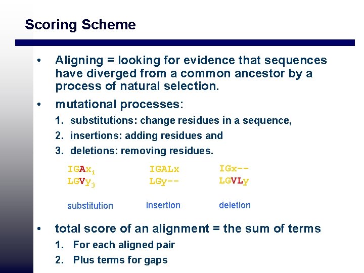 Scoring Scheme • • Aligning = looking for evidence that sequences have diverged from