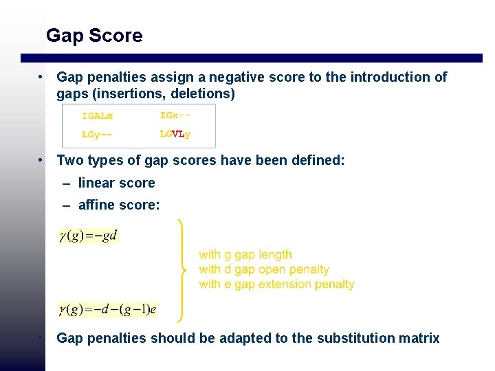 Gap Score • Gap penalties assign a negative score to the introduction of gaps Gap Score • Gap penalties assign a negative score to the introduction of gaps