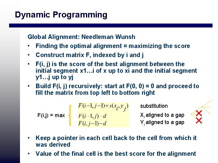 Dynamic Programming Global Alignment: Needleman Wunsh • Finding the optimal alignment = maximizing the