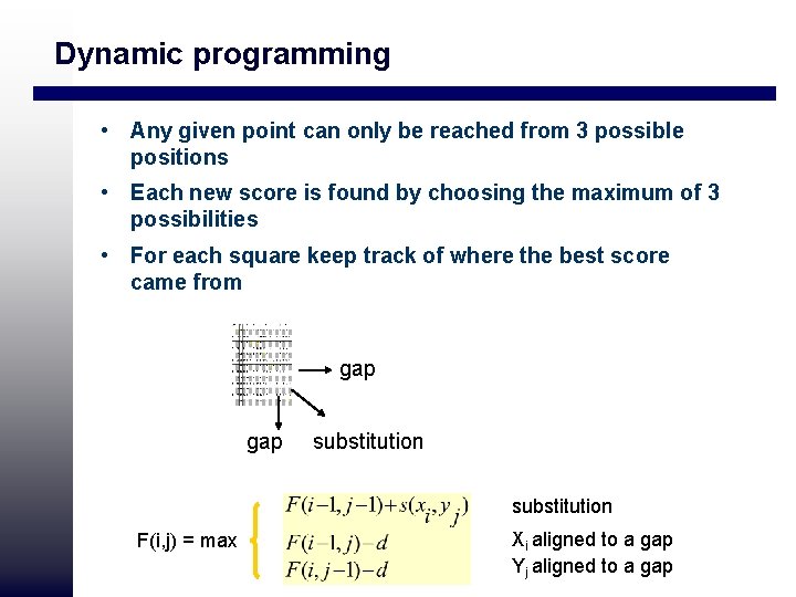 Dynamic programming • Any given point can only be reached from 3 possible positions Dynamic programming • Any given point can only be reached from 3 possible positions