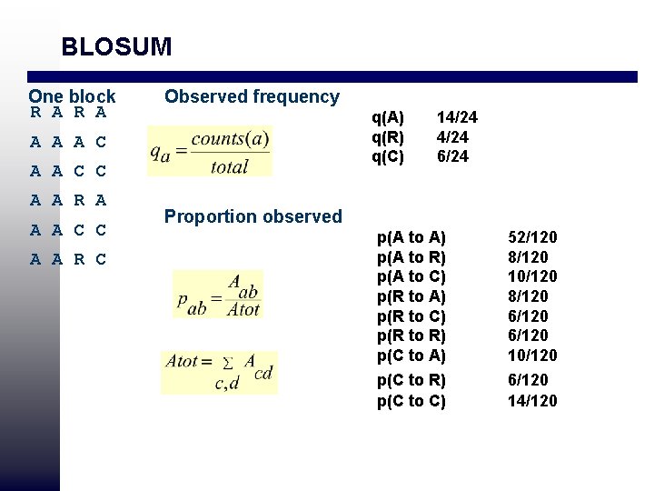 BLOSUM One block R A Observed frequency q(A) q(R) q(C) A A A C BLOSUM One block R A Observed frequency q(A) q(R) q(C) A A A C