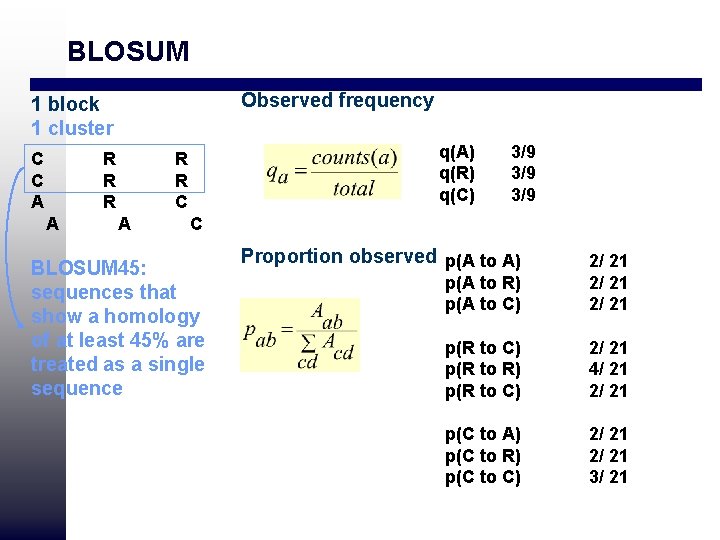 BLOSUM Observed frequency 1 block 1 cluster C C A R R R A BLOSUM Observed frequency 1 block 1 cluster C C A R R R A
