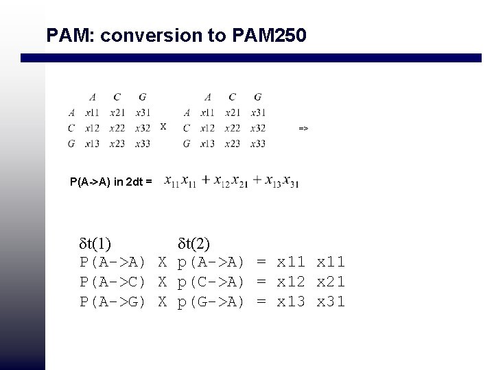 PAM: conversion to PAM 250 => X P(A->A) in 2 dt = dt(1) dt(2) PAM: conversion to PAM 250 => X P(A->A) in 2 dt = dt(1) dt(2)
