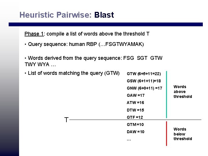 Heuristic Pairwise: Blast Phase 1: compile a list of words above threshold T •