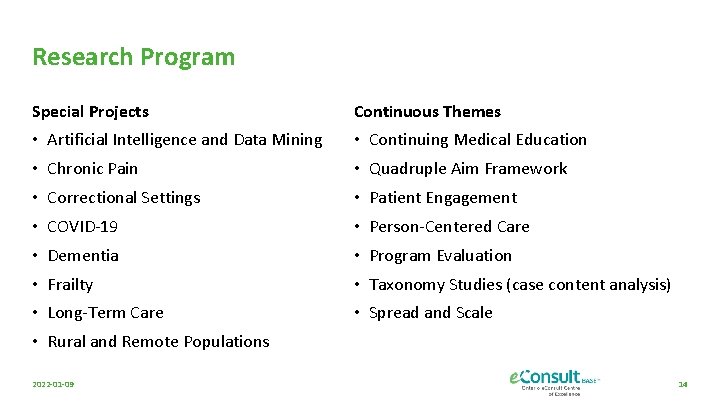 Research Program Special Projects Continuous Themes • Artificial Intelligence and Data Mining • Continuing