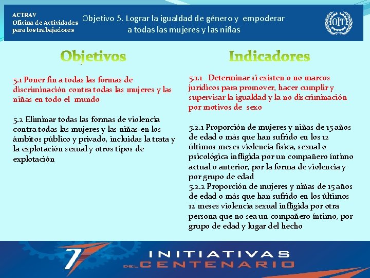 ACTRAV Oficina de Actividades para los trabajadores Objetivo 5. Lograr la igualdad de género