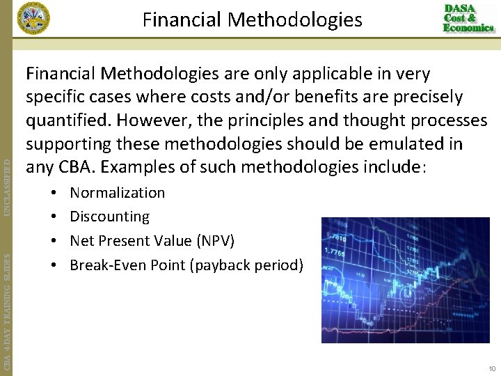 CBA 4 -DAY TRAINING SLIDES UNCLASSIFIED Financial Methodologies are only applicable in very specific