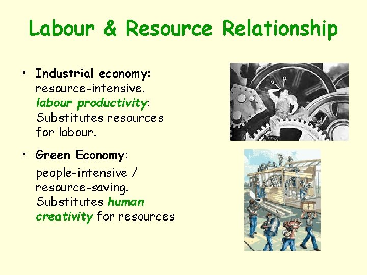 Labour & Resource Relationship • Industrial economy: resource-intensive. labour productivity: Substitutes resources for labour.