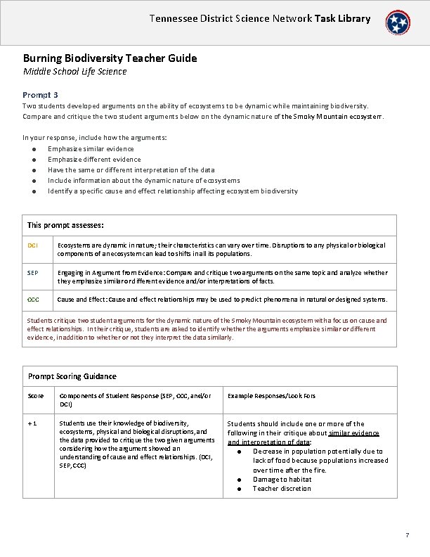 Tennessee District Science Network Task Library Burning Biodiversity Teacher Guide Middle School Life Science