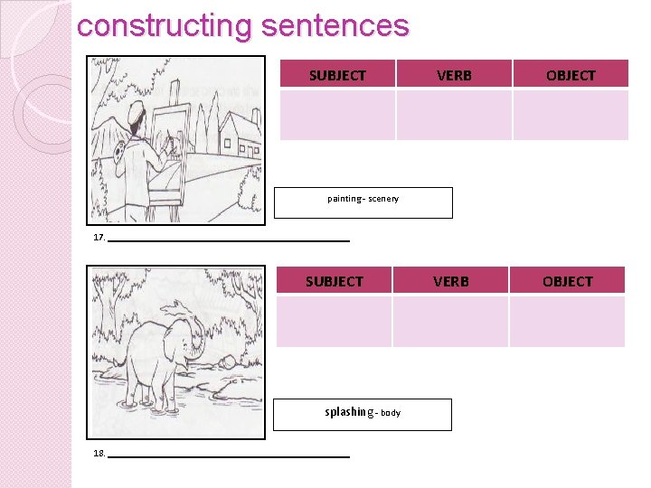 constructing sentences SUBJECT VERB OBJECT painting - scenery 17. SUBJECT splashing - body 18.