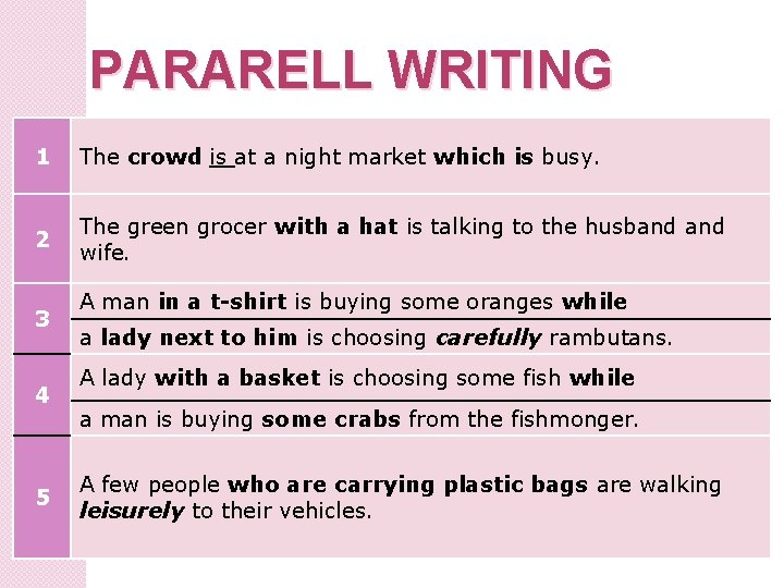 PARARELL WRITING 1 The crowd is at a night market which is busy. 2