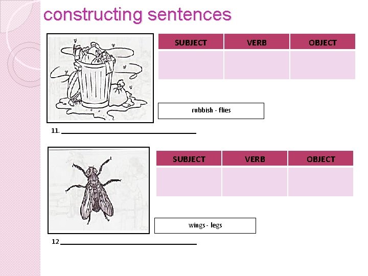 constructing sentences SUBJECT VERB OBJECT rubbish - flies 11. SUBJECT wings - legs 12