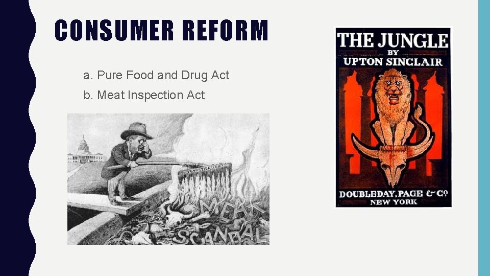 CONSUMER REFORM a. Pure Food and Drug Act b. Meat Inspection Act 